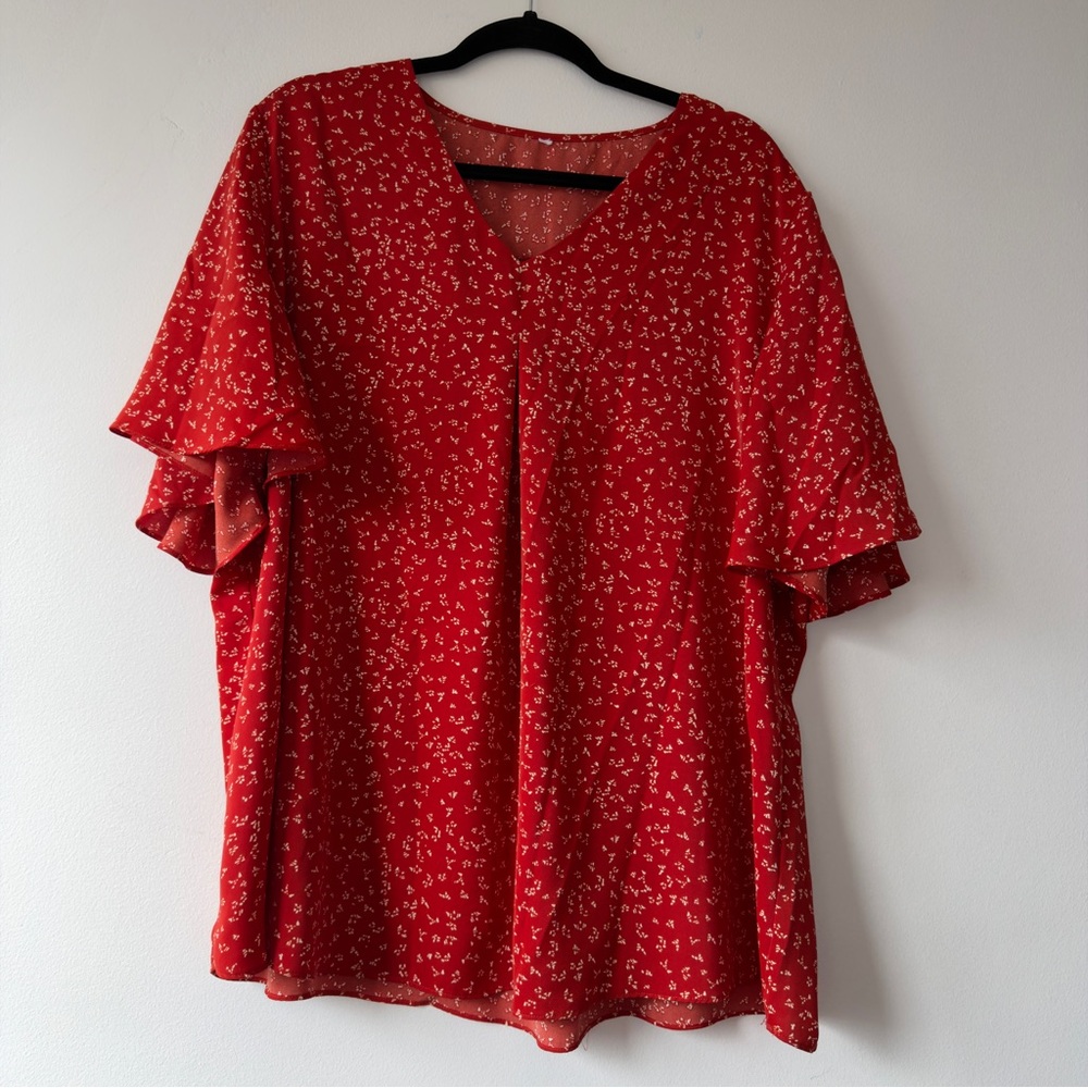 Red V-Neck Flutter Sleeve Women's Top